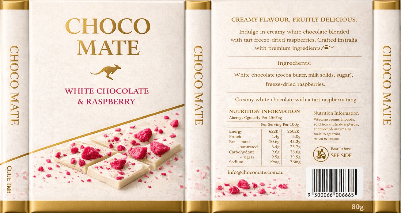 White Choc & Freeze-Dried Raspberry — full packaging